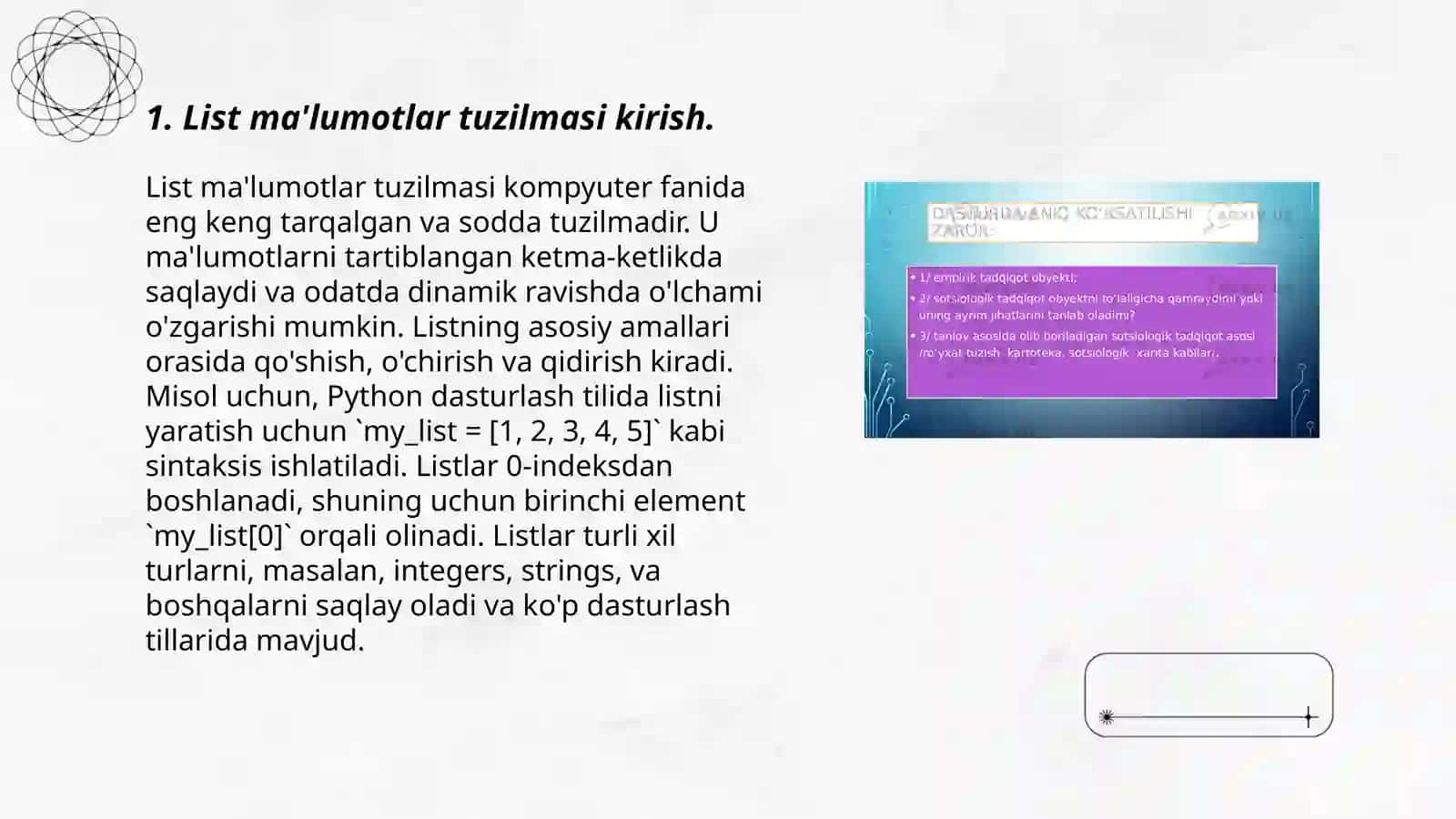 List maʼlumotlar tuzilmasi va uning metodlari bilan ishlash 3