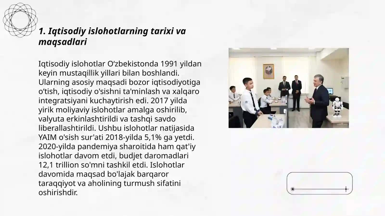 Iqtisodiy islohotlar, xususiy mulkchilikning shakllanishi. Oʻzbekistonda bozor munosabatlarining rivojlanishi 3