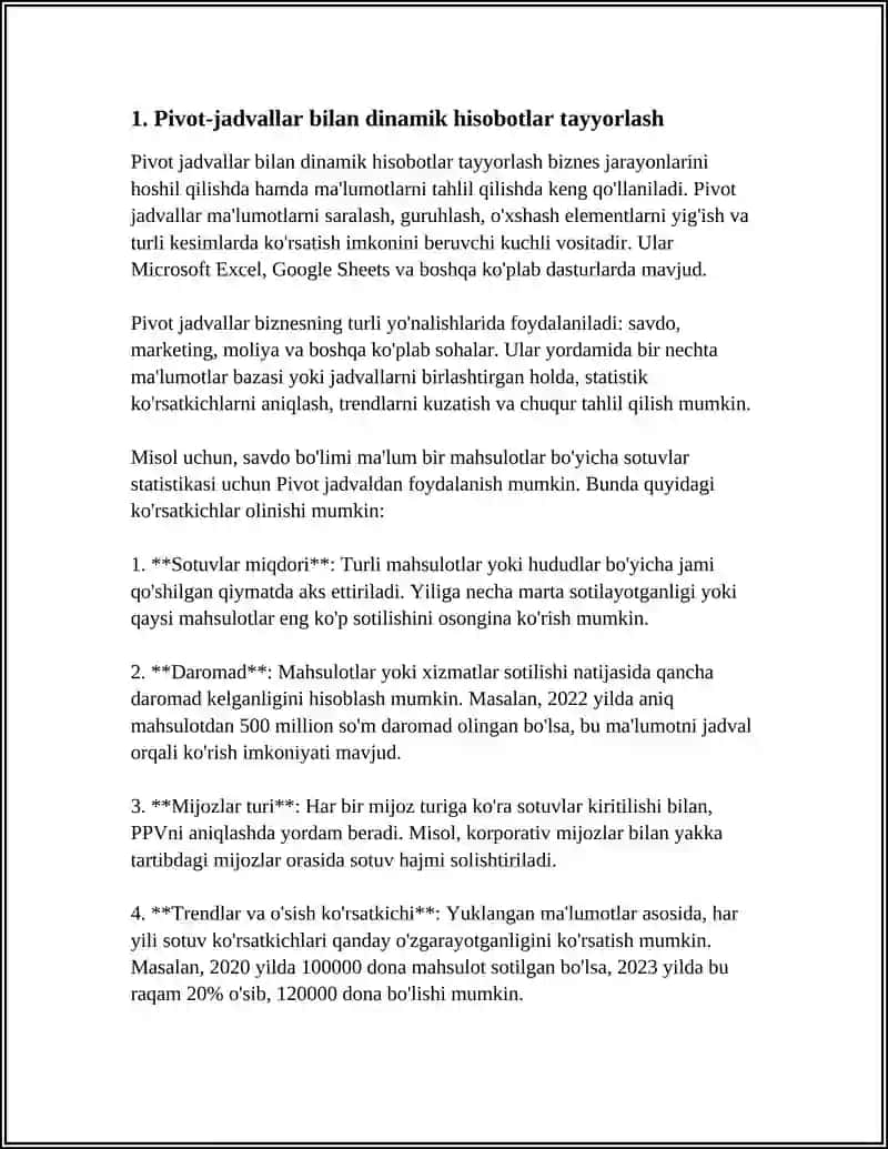 EXCEL DASTURIDA TURLI HISOBOTLAR TAYYORLASH 3