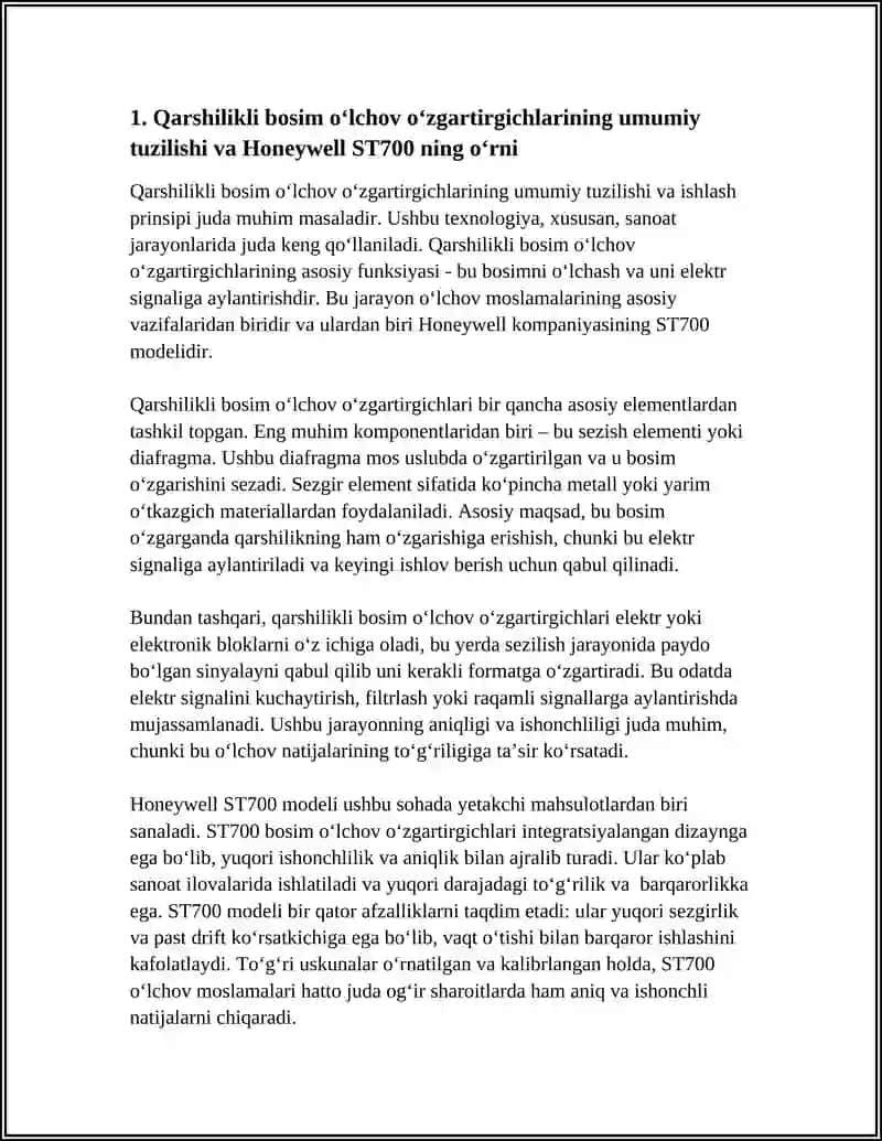 QARSHILIKLI BOSIM O‘LCHOV O‘ZGARTIRGICHLARINING TUZILISHI VA ISHLASH PRINSIPI (HONEYWELL ST700 BOSIM O‘LCHOV O‘ZGARTIRGICHI) 3