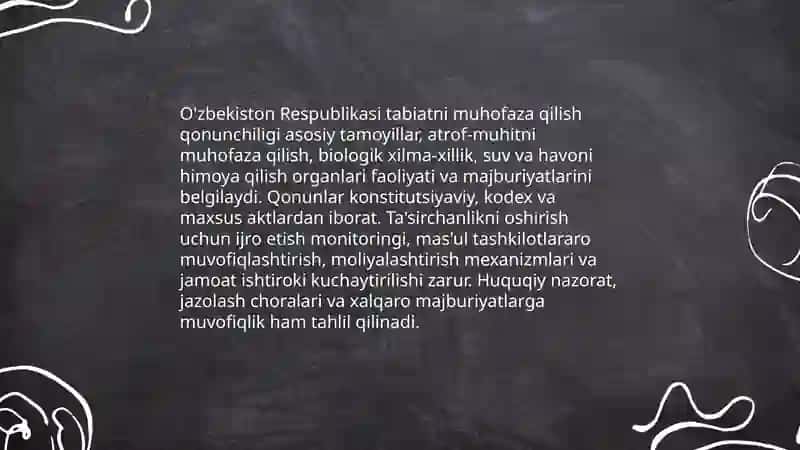 O'zbekiston Respublikasi tabiatini asrashga doir qonunlarni o'rganish tahlil qilish 3