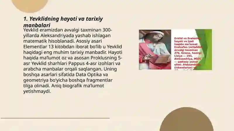 Yevklid va Erotosfen hayoti va ijodi haqida maʼlumot 3