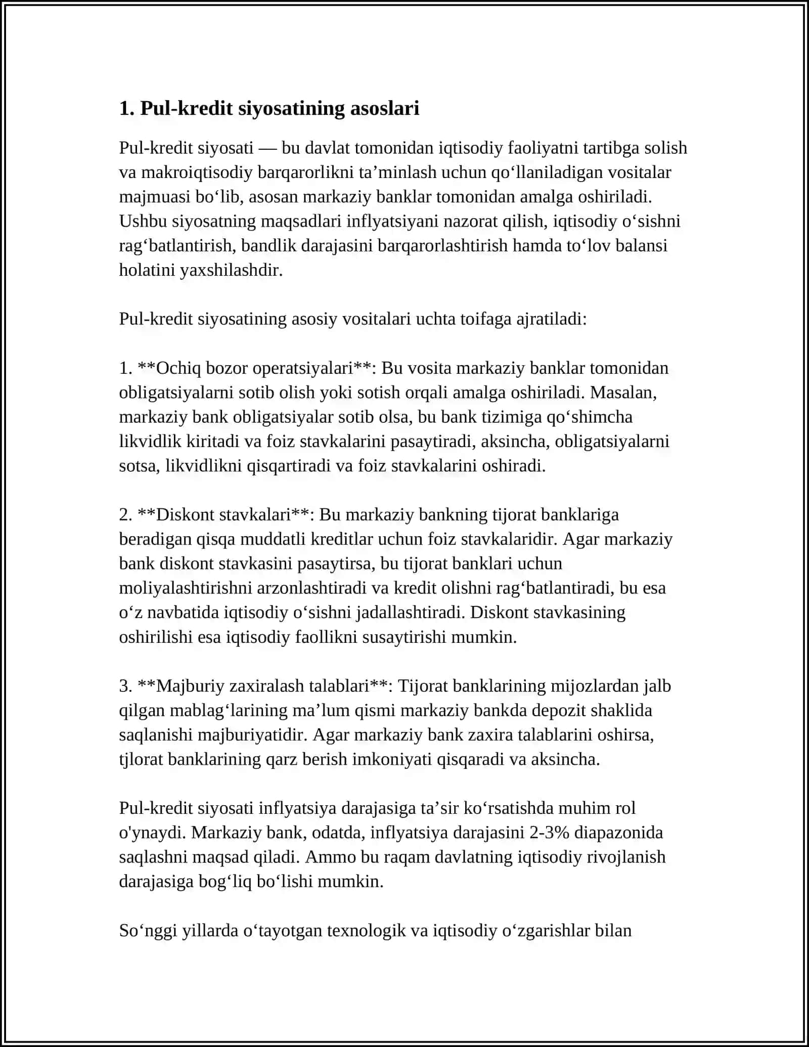 IQTISODIYOTDA PUL-KREDIT SIYOSATI VA UNDAGI ÒZGARIWLAR 3