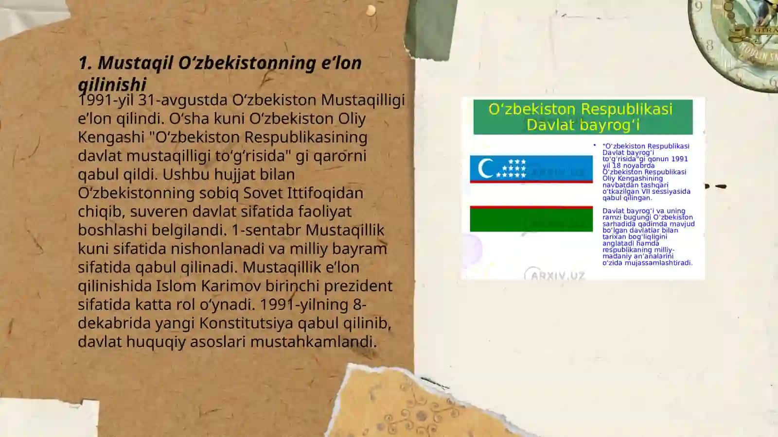 Mustaqil O'zbekiston Respublikasi tashkil topishining tarixiy ahamiyati. O'zbekistonning o'ziga xos istiqbol va taraqqiyot yo‘li 3