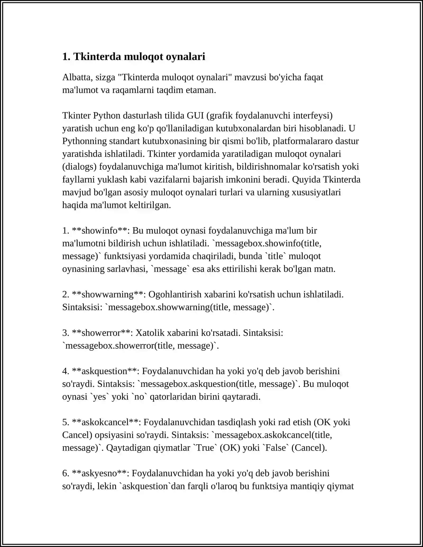TKINTERDA MULOQOT OYNASI WINDOWS: XABARLAR QUTISI, FAYL DIALOGI VA RANGLAR DIALOGI 3