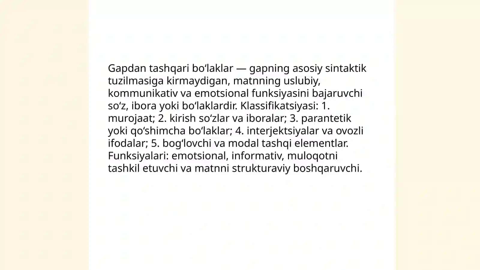 Gapdan tashqari bo‘laklarning matn tarkibidagi uslubiy vazifasi 3