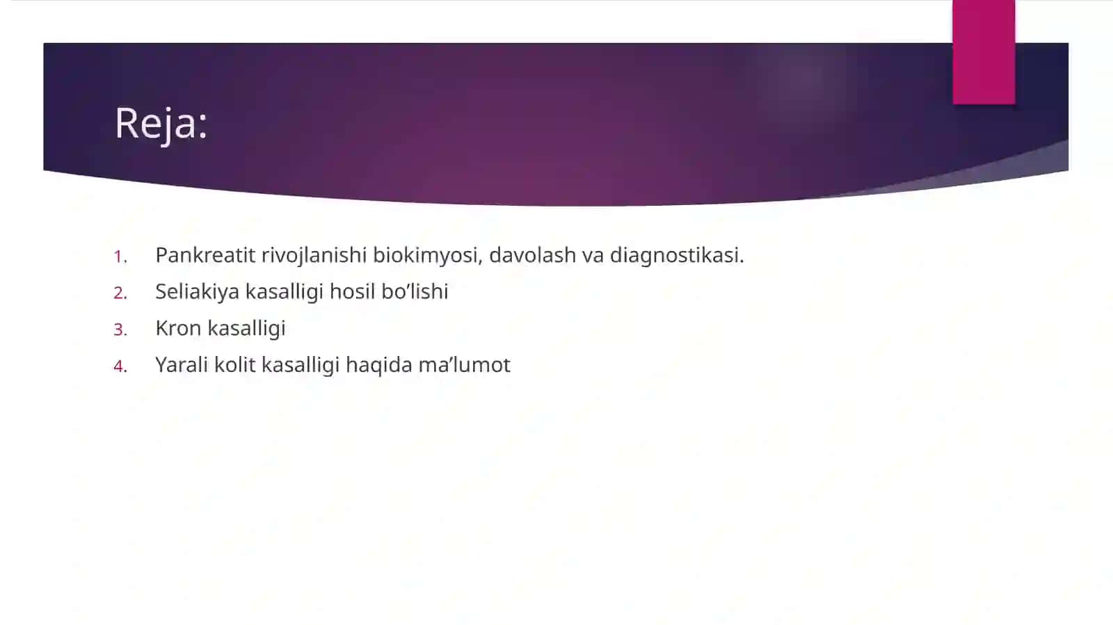 Pankreatit rivojlanishining biokimyoviy asoslari, davolash va diagnostika tamoyillari, ingichka ichakda parchalanish mahsulotlari so'rilishining buzilishi (seliakiya), kron kasalligi va yarali kolit rivojlanishining biokimyoviy asoslari 3