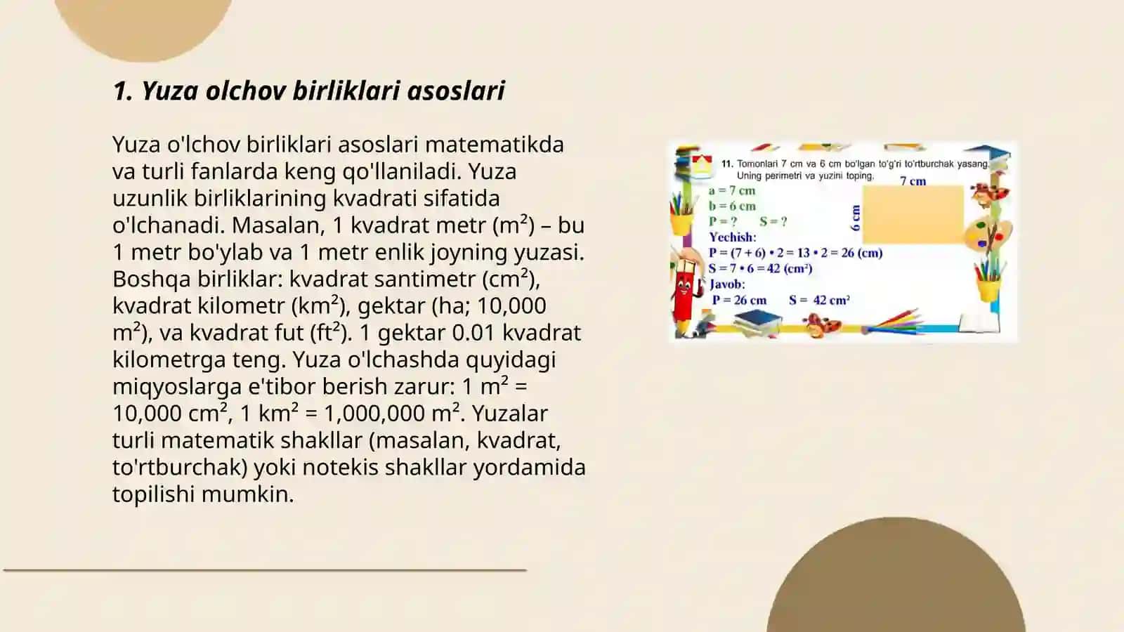 Yuza oʻlchov birliklari mavzusida misol va masalalar yechish 3