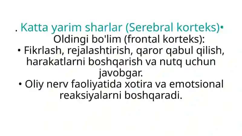 Bosh miya turli bo'limlari faoliyatini o'rganish. Oliy nerv faoliyati bo'limlarining vazifalari. 3