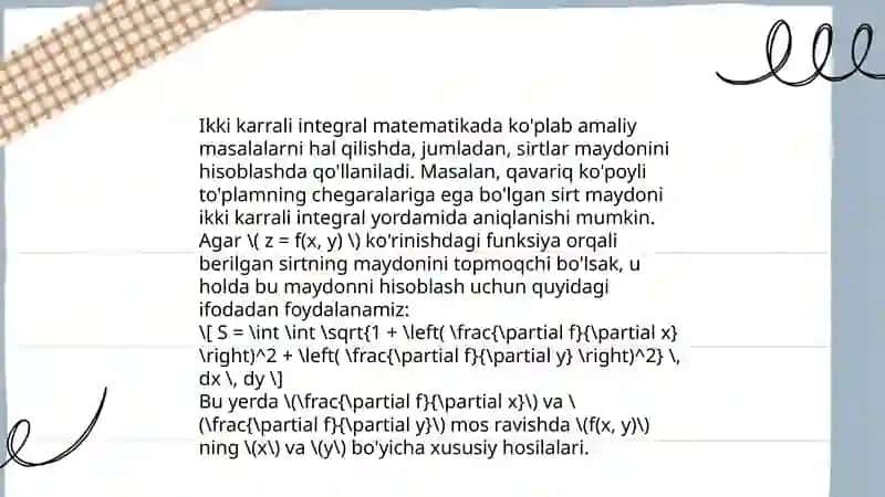 Ikki karrali integralning ba'zi tadbiqlariga doir misollar 3