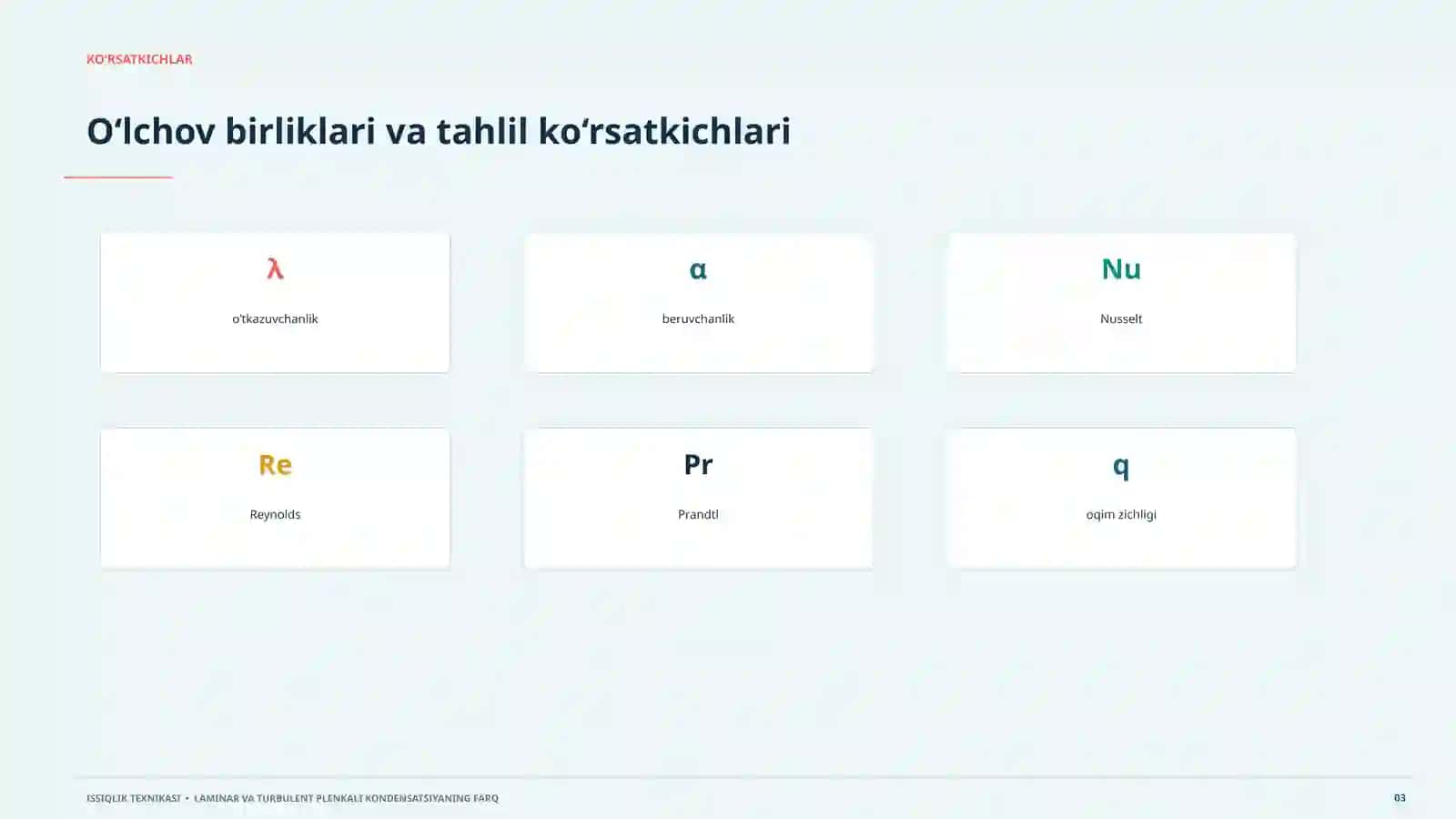 ISSIQLIK TEXNIKASI 20 slaydli ilmiy taqdimot • 2026. Issiqlik oqimi, laminar va turbulent plenkali kondensatsiyaning farqlari, model, hisob va amaliy qo‘llanish 3
