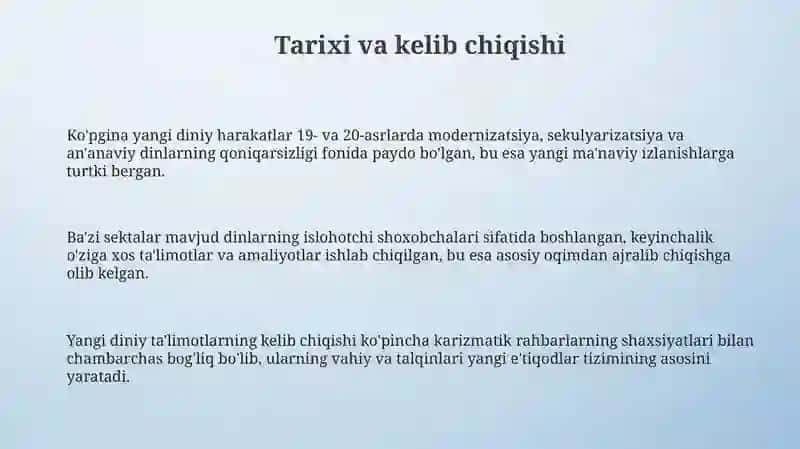Yangi diniy ta'limotlar va sektalarning kelib chiqishi va asosiy e'tiqodlari 3