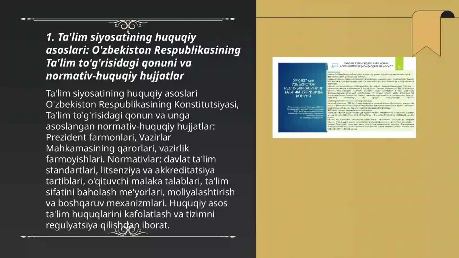 O'zbekiston Respublikasining Ta'lim sohasidagi davlat siyosati mazmuni va uni aks ettiruvchi hujjatlar 3