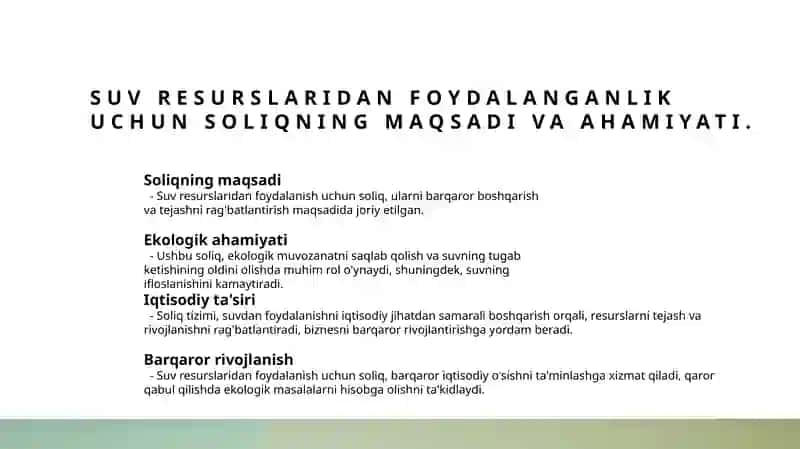 Suv resurslaridan foydalanganlik uchun soliqning joriy etilishi 3