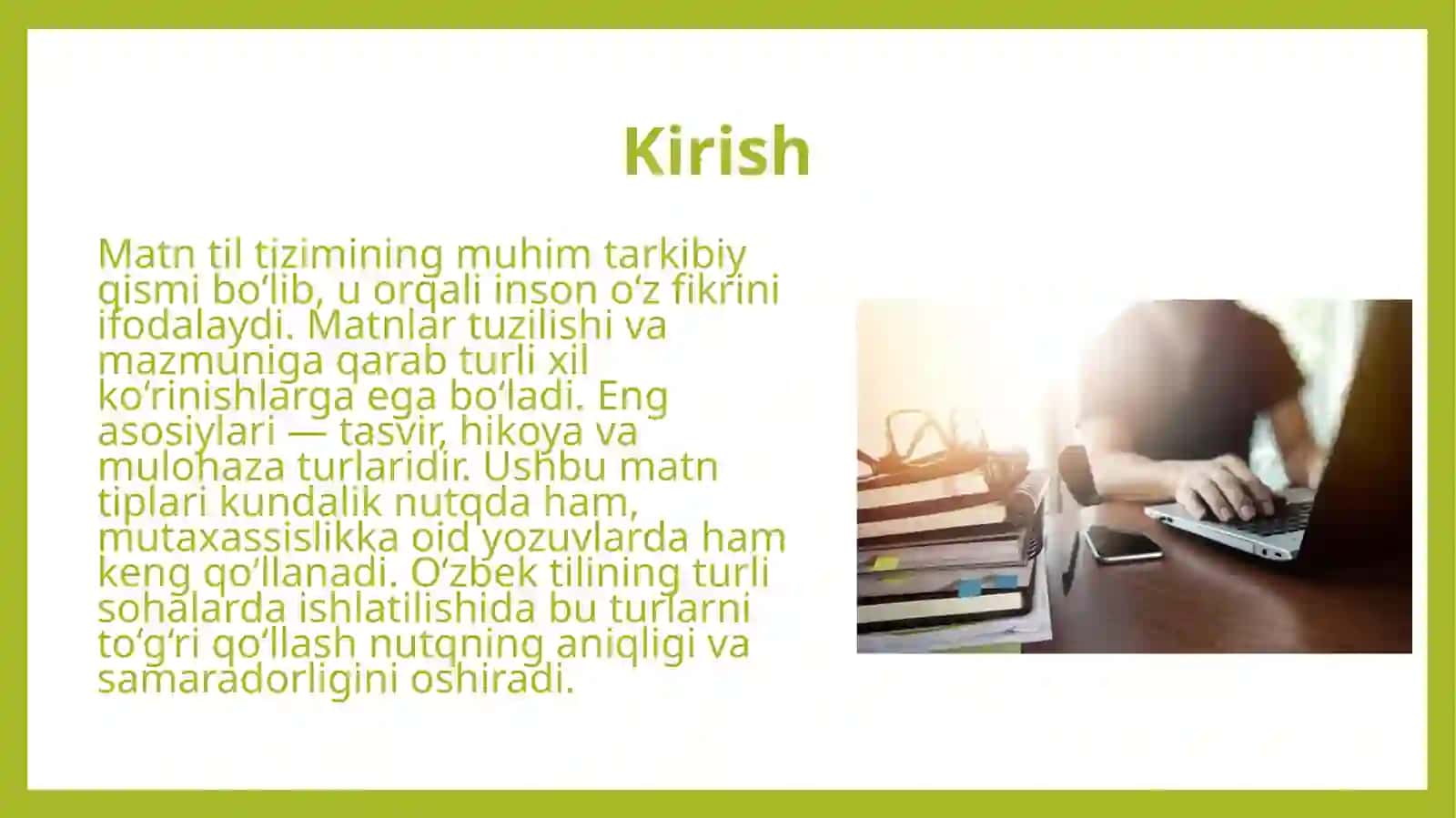 Matn tiplari tasvir,hikoya,mulohaza ( mutaxassislik oid matnlar misollar) 3