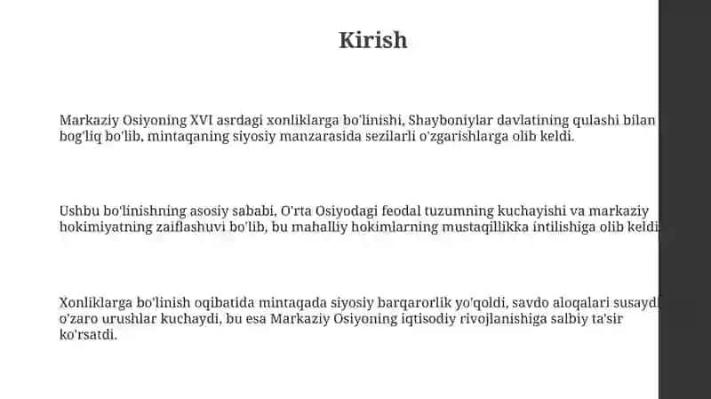 Markaziy Osiyoning xonliklarga boʻlinishi: tarixiy jarayon 3