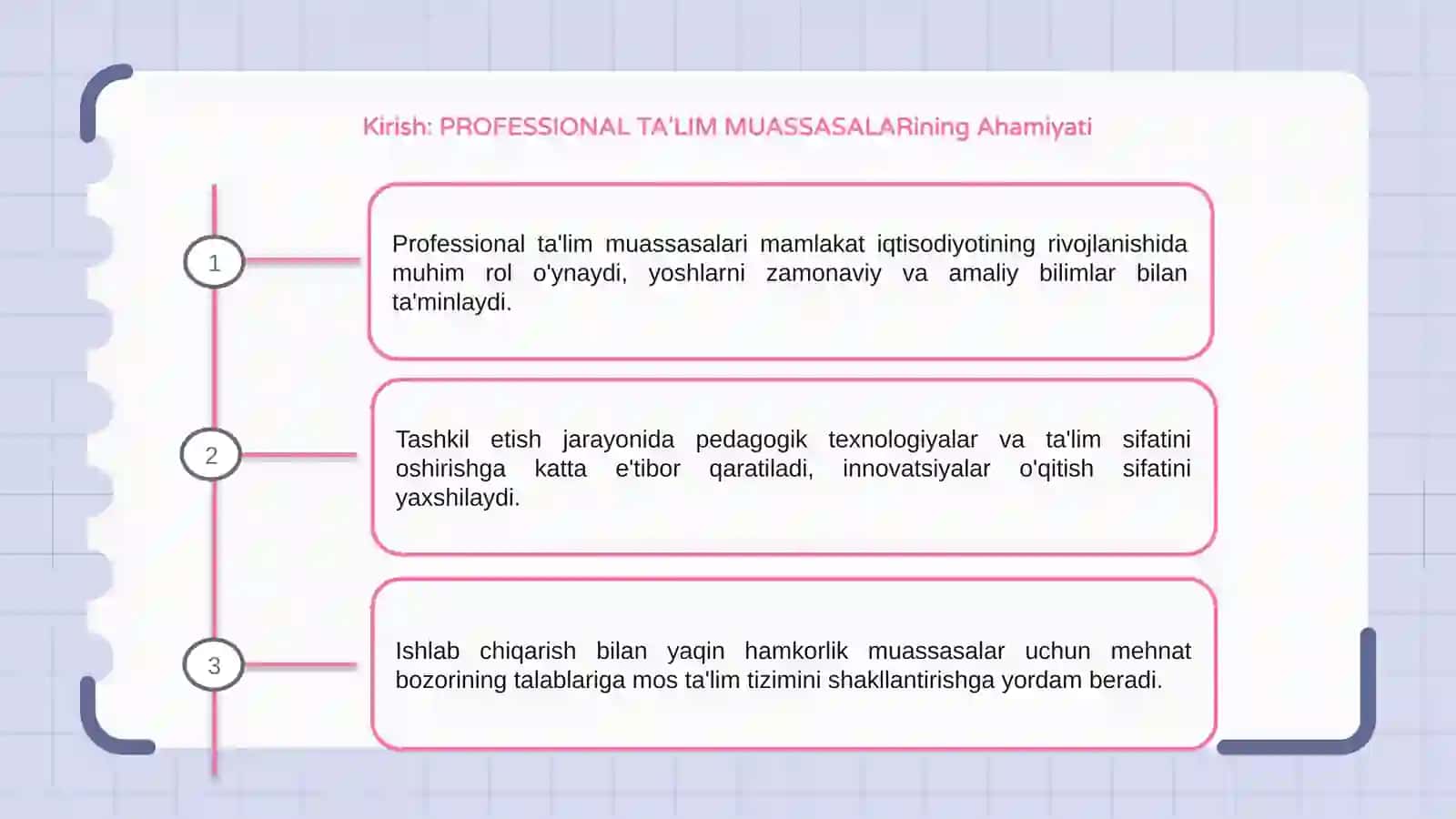 PROFESSIONAL TA'LIM MUASSASALARIDA TA'LIM JARAYONINING TASHKIL ETISHNING O'ZIGA XOS XUSUSIYATLARI 3