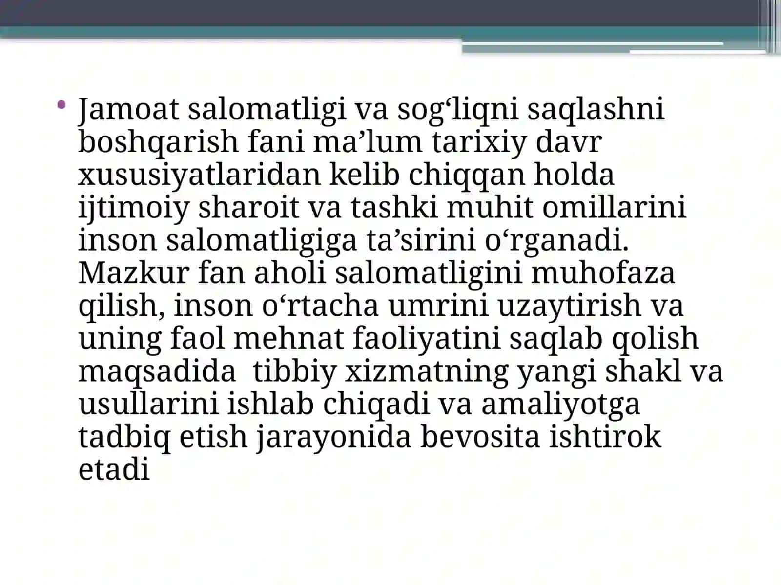 Jamoat salomatligi va sog`liqni saqlashni tashkil etish” faniga kirish. Tibbiyot statistikasi asoslari 3