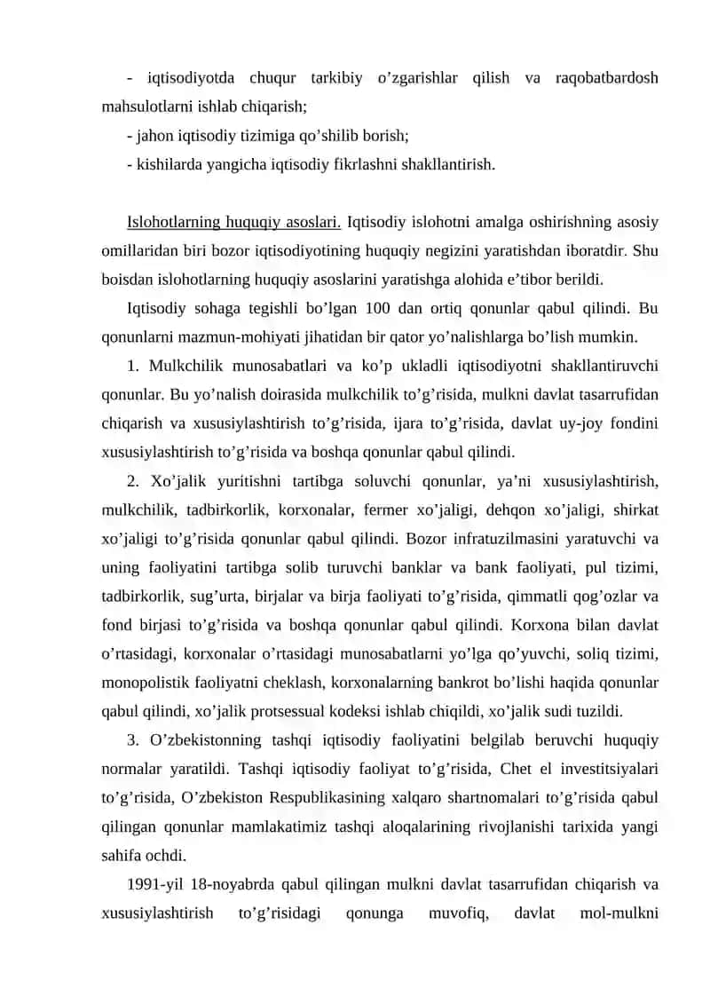 Iqtisodiy islohotlar, xususiy mulkchilikning shakllanishi. O‘zbekistonda bozor munosabatlarining rivojlanishi. 3