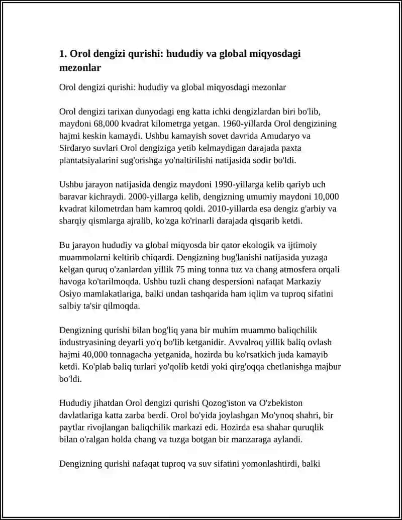 GLOBAL MUOMMOLARNING MEZONLARI VA DARAJALARI, OROL DENGIZI MUOMMOLARI 3