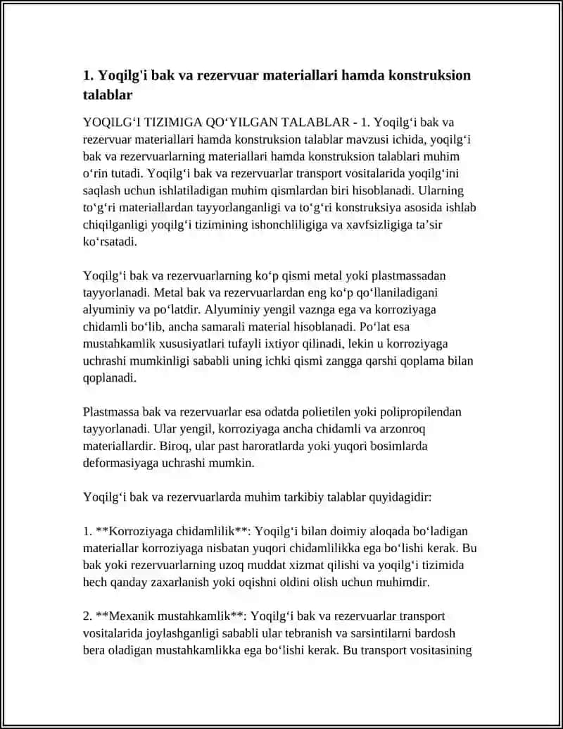 Yoqilg'i bak va rezervuar materiallari hamda konstruksion talablar 3