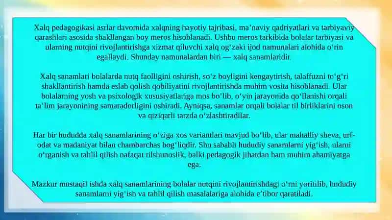 Xalq sanamlari bolalar nutqini rivojlantirish vositasi sifatida. Hududiy sanamlarni yig‘ish 3