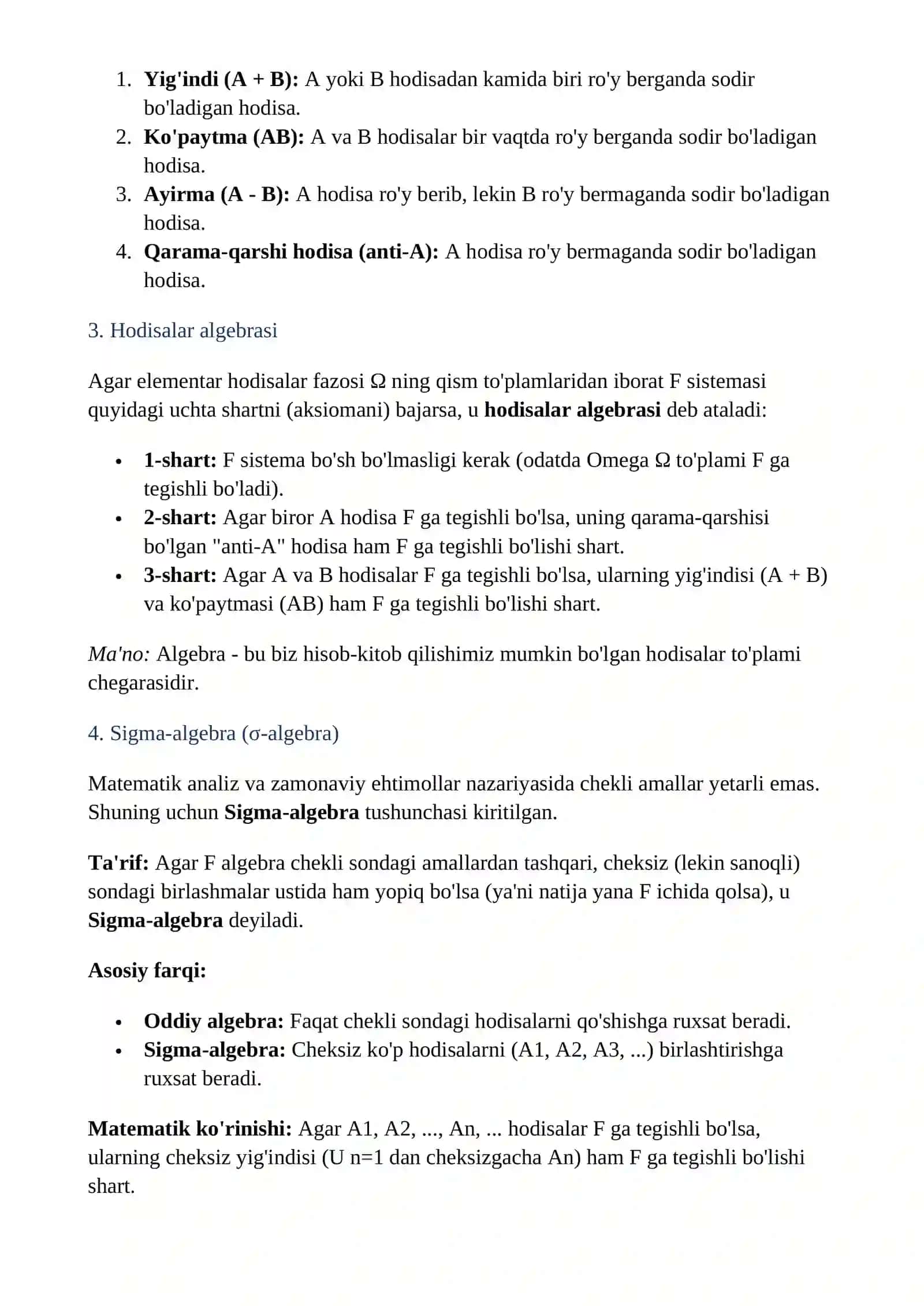 HODISALAR VA ULARNING TURLARI. HODISALAR ALGEBRASI VA SIGMA-ALGEBRASI. 3