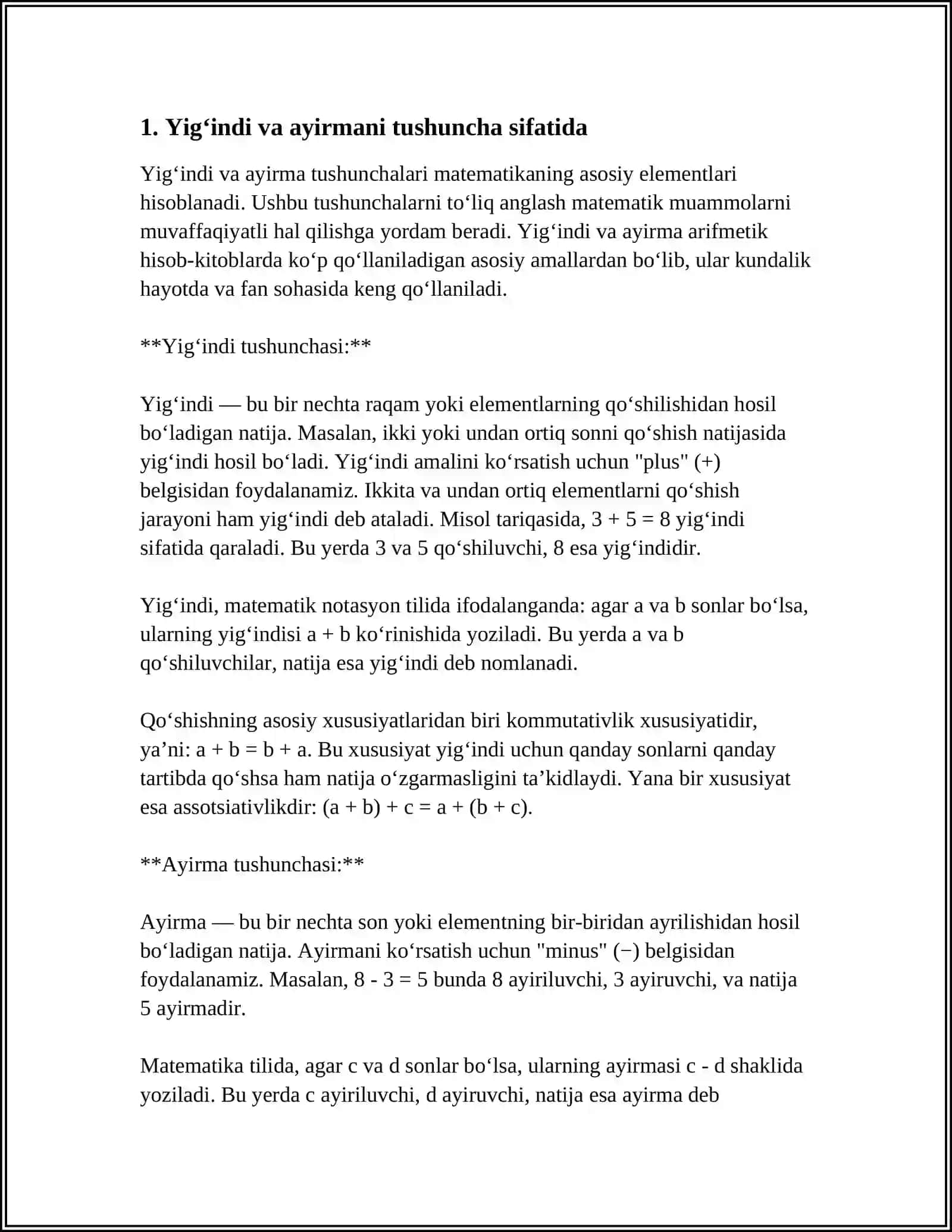 YIGʻINDI VA AYIRMANING TARIFI,UNING MAVJUDLIGI VA YAGONALIGI 3