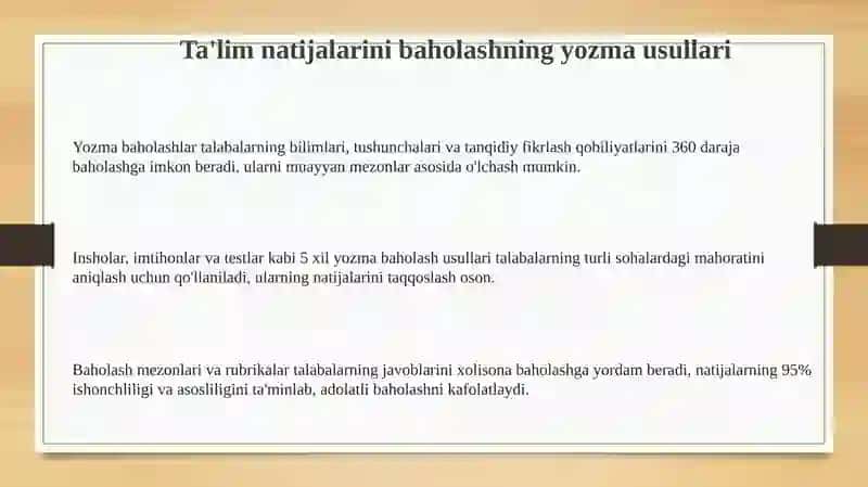 Ta'lim natijalarini baholashning yozma usullari 3