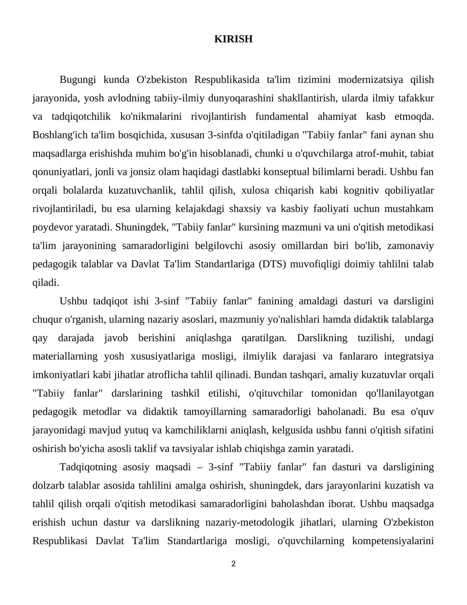 3-sinf "Tabiiy fanlar" dasturi va darsligini o'rganish, darsni kuzatish va tahlil qilish 3