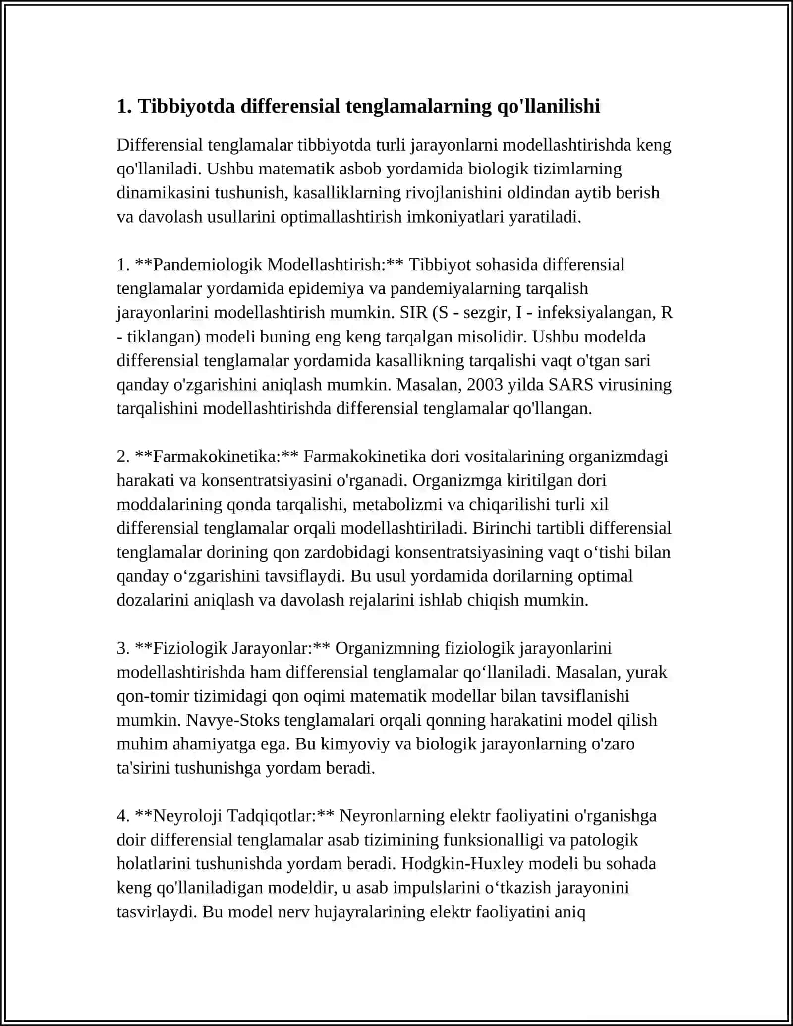 TIBBIY-BIOLOGIK MAZMUNDAGI DIFFERENSIAL TENGLAMALARNI TUZISH VA YECHISH 3
