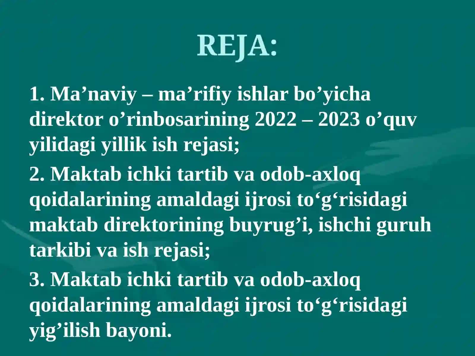 Ma’naviy – ma’rifiy ishlar bo’yicha direktor o’rinbosarining yillik ish rejasi va uning ijrosi bo’yicha bajariladigan ishlar 3