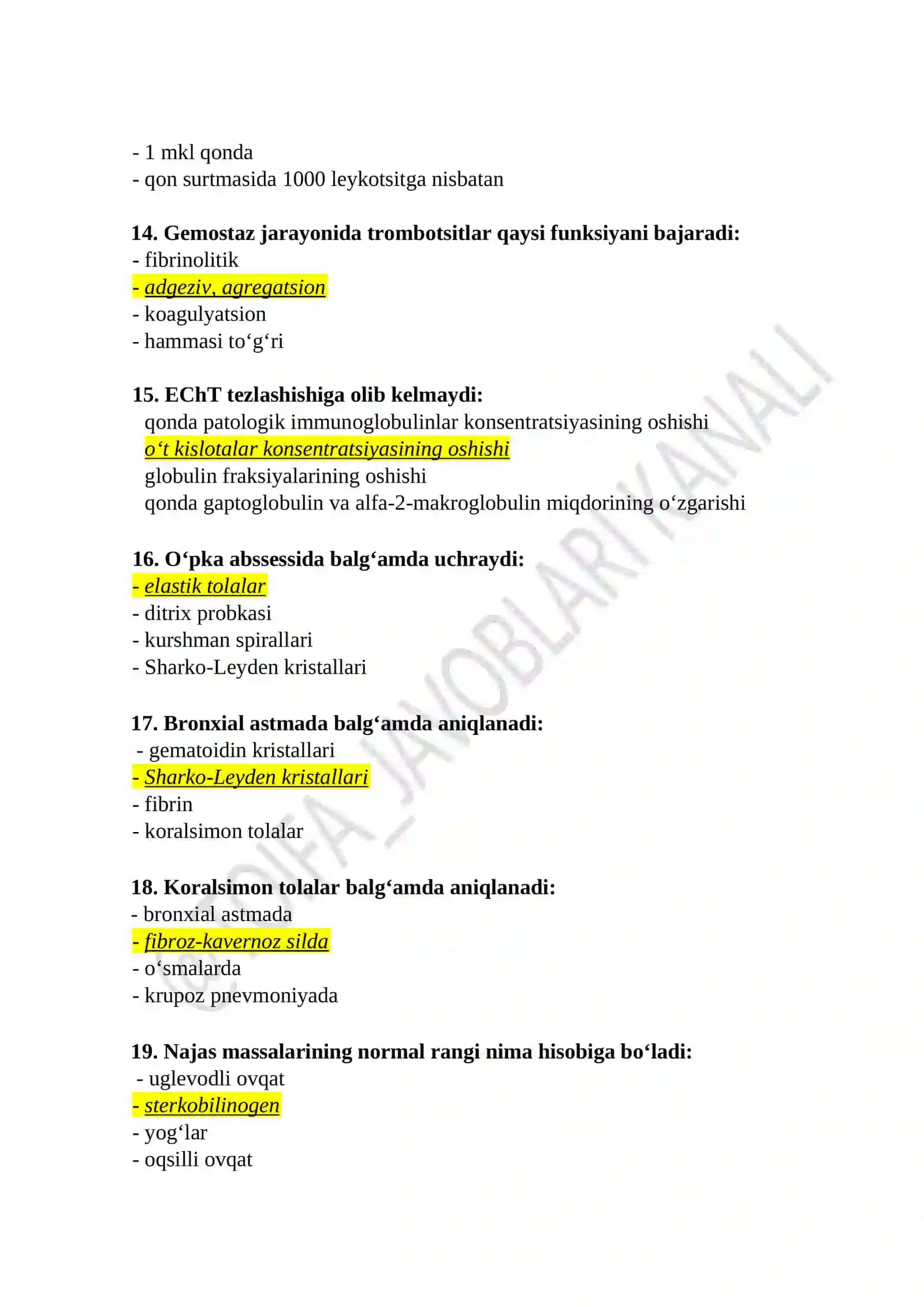 ARGOS   Klinik laboratoriya diagnostikasi mutaxasisiligi bo’yicha shakllantirilgan test savollari ro’yxati 3
