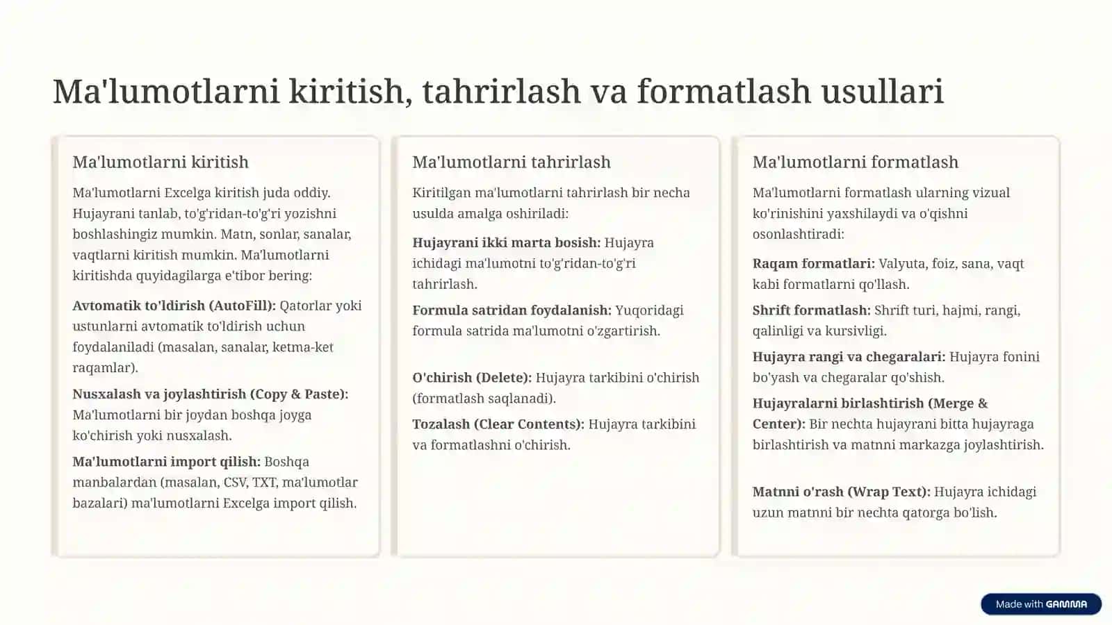 Microsoft Excel: Ma'lumotlarni Ko'rish, Qayta Ishlash va Umumlashtirish 3