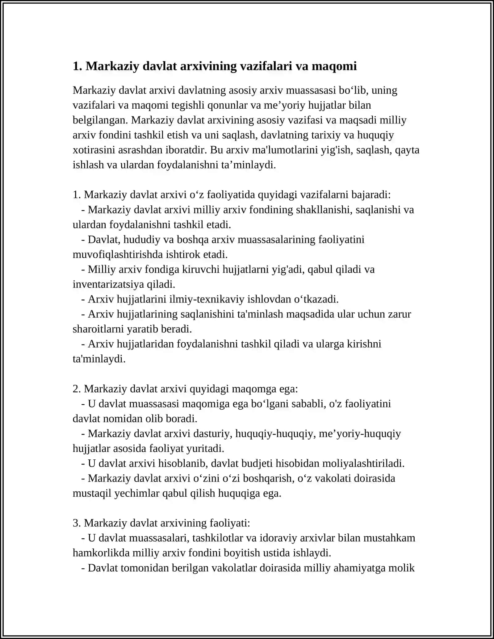 MARKAZIY DAVLAT ARXIVLARI HAMDA IDORAVIY ARXIVLAR VA ULARNING FAOLIYATI 2025-2026-o'quv yili 3