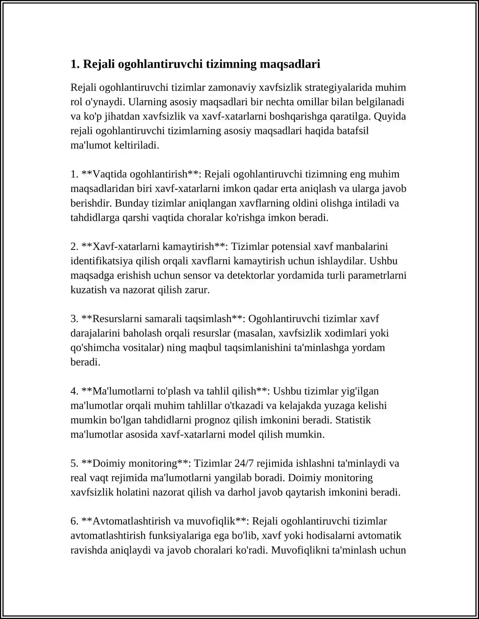 REJALI OGOHLANTIRUVCHI TIZIMNING VAZIFALARI VA ASOSLARI “AVTOMABILLARGA TXK VA TAMIRLASH HAQIDA NIZOM” 3