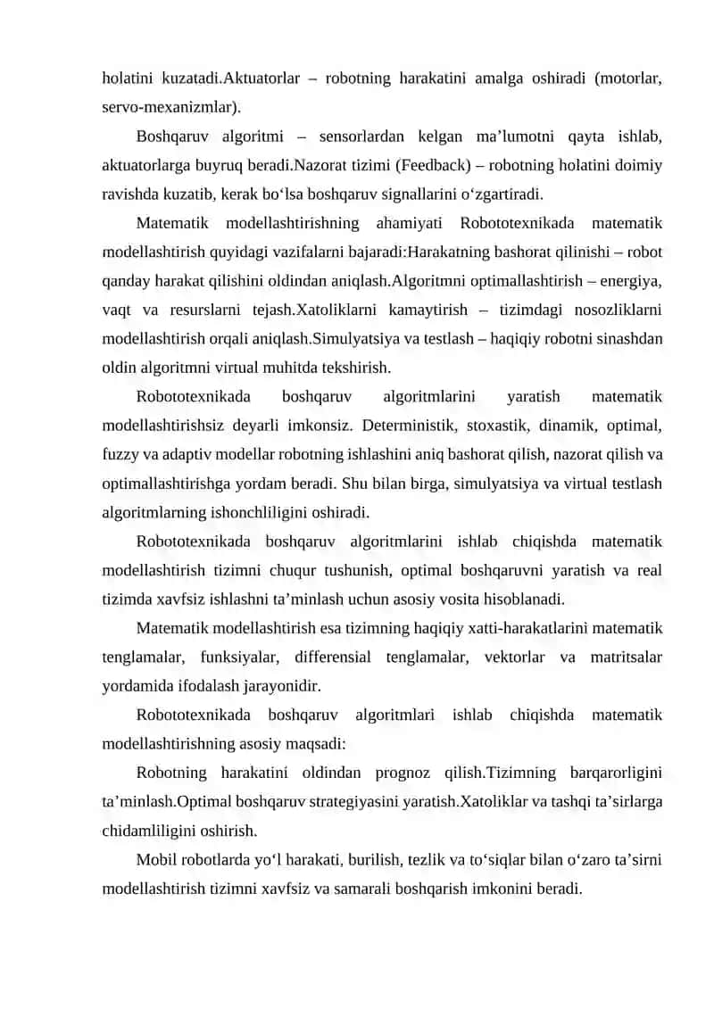 ROBOTOTEXNIKADA BOSHQARUV ALGORITMLARINI ISHLAB CHIQISHDA MATEMATIK MODELLASHTIRISH USULLARI 3