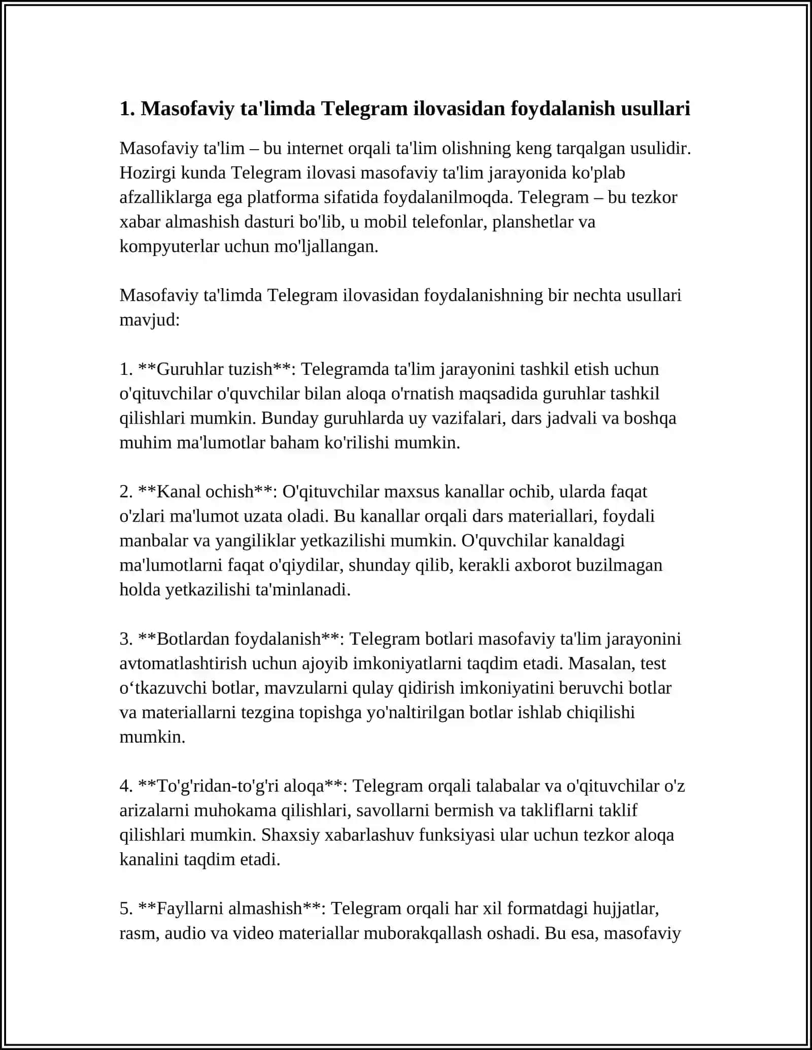 MASOFAVIY TA’LIMNI TASHKIL ETISHDA QO’SHIMCHA TARZDA TURLI XIL ILOVALAR (TELEGRAM, IMO, FACEBOOK VA H.K.) DAN FOYALANISHNI O’RGANISH 3