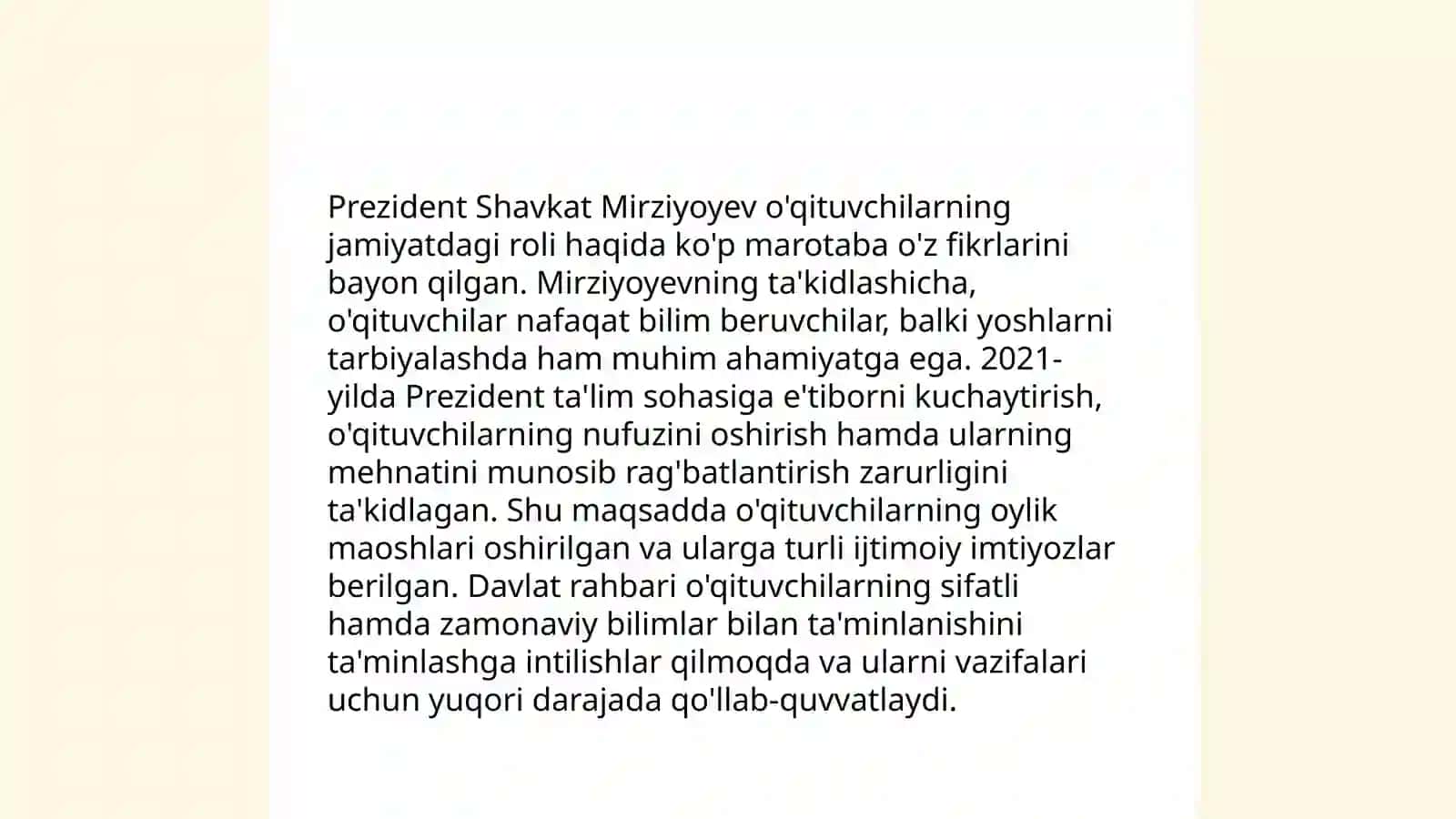 Prezident Sh.M.Mirziyoyevning o'qituvchilar va ularning vazifalari haqidagi fikr va g'oyalari 3