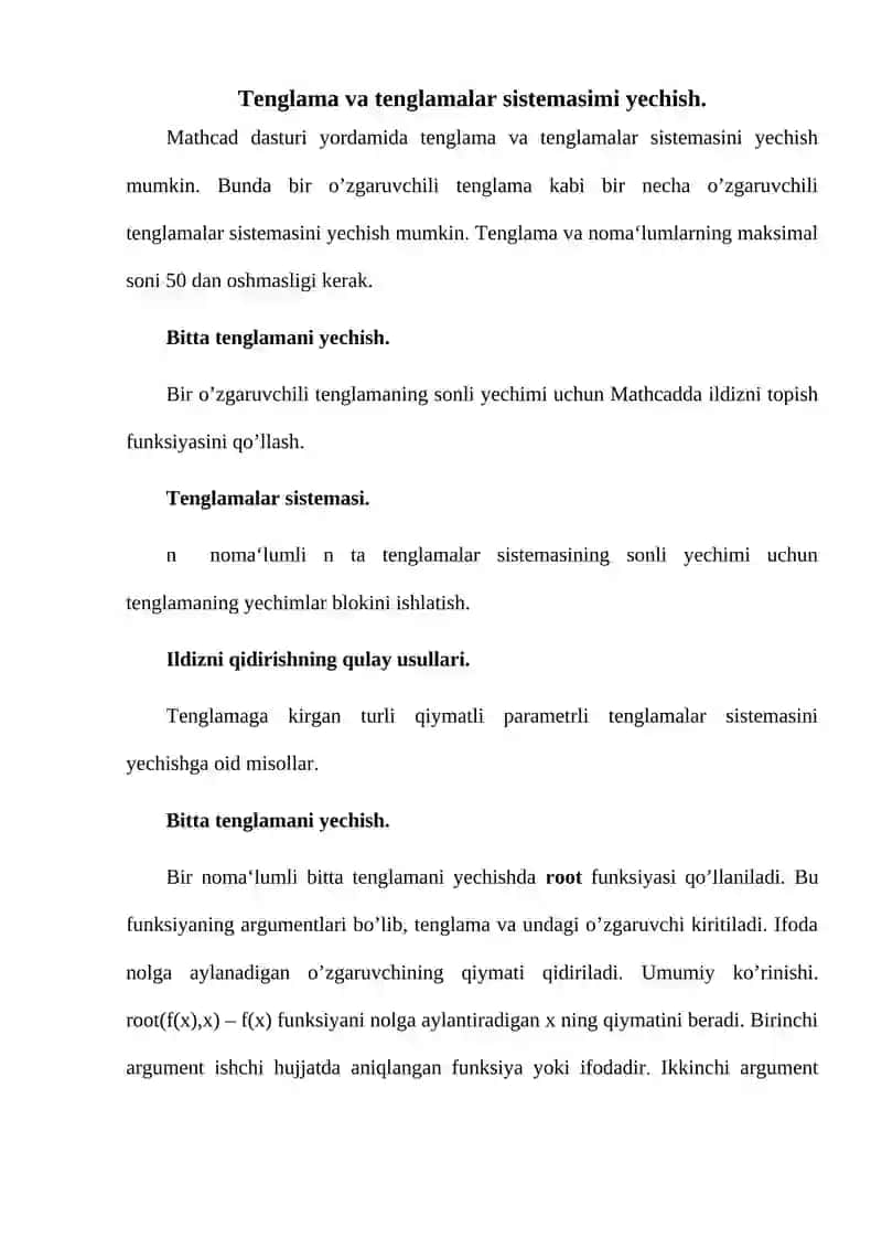 MATHCAD DASTURIDAN FOYDALANIB TENGLAMALR YECHISH HAQIDA TUSHUNCHA 3