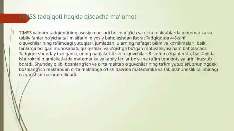 Matematika va tabiiy fanlarni oʻzlashtirish sifatini Xalqaro monitoring qilish va baholash tizimi 3