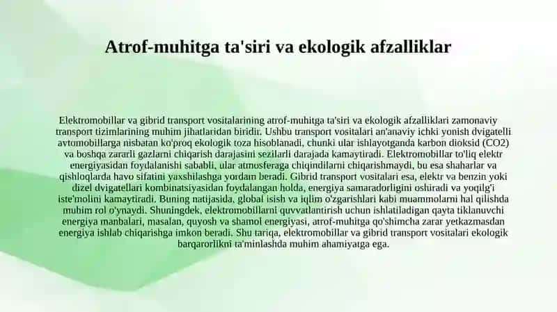 Elektromobillar va gibrid transport vositalari. 3