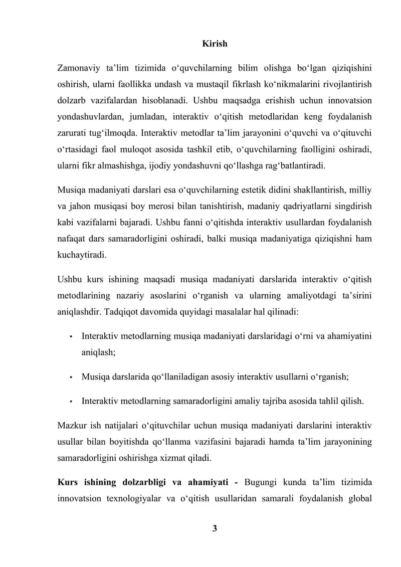 Interaktiv o'qitish metodlari musiqa madaniyati kurs ishi 3