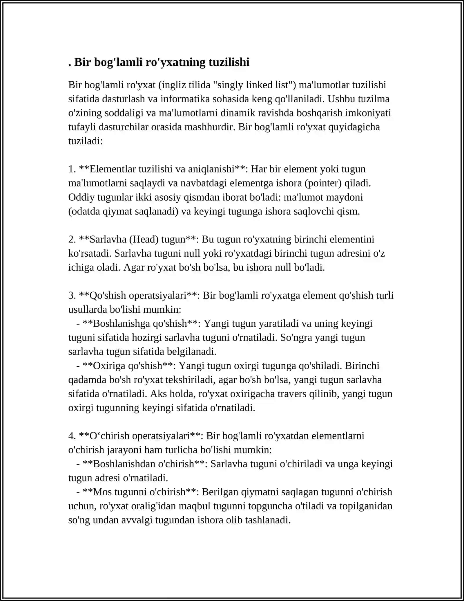BIR BOG'LAMLI RO'YXATLAR USTIDA AMALLAR VA ULARNING ALGORITMLASH 3