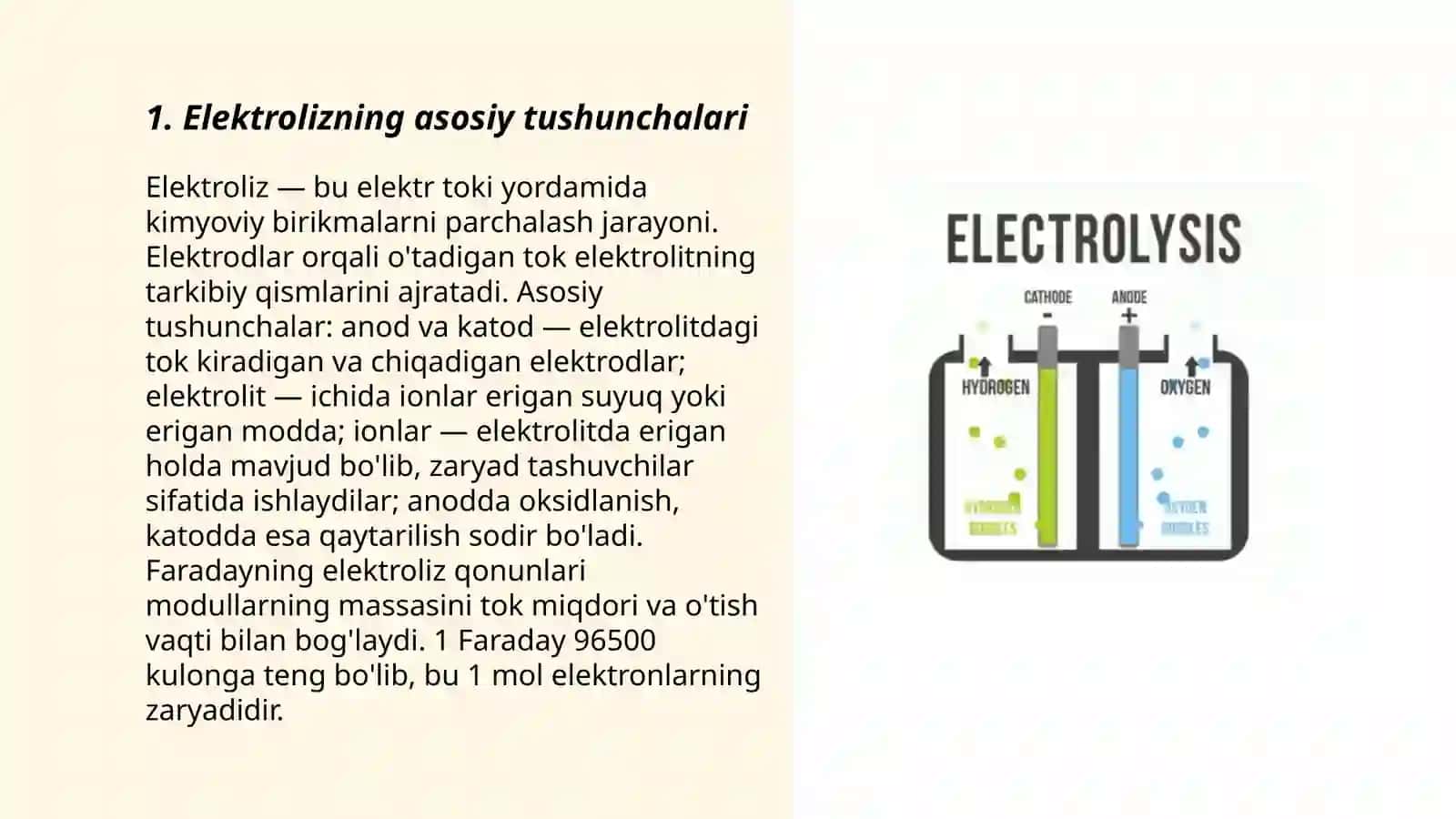 Elektroliz. Faradey qonunlari. Elektrolitik eritmalar va suyuqlanmalarning elektrolizi. Nasriddinov Shahobiddin 3