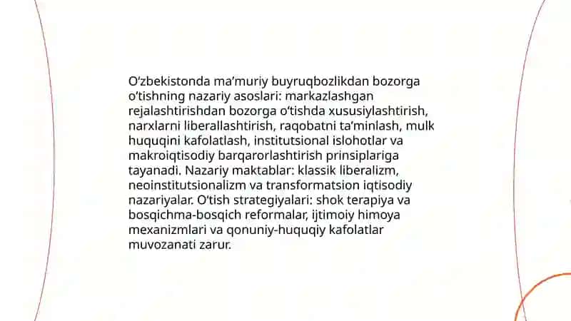O'tish davri iqtisodiy nazariyalari O'zbekiston Respublikasidagi ma'muriy buyruqbozlik tizimidan bozor munosabatlariga o'tish davri konsepsiyasi 3