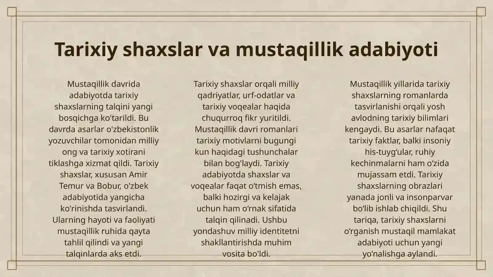 MUSTAQILLIK DAVRI ROMANLARIDA TARIXIY SHAXS TALQINI: AMIR TEMUR, BOBUR KABI SIYMOLARNING YANGICHA YONDASHUVDA TASVIRLANISHI 3