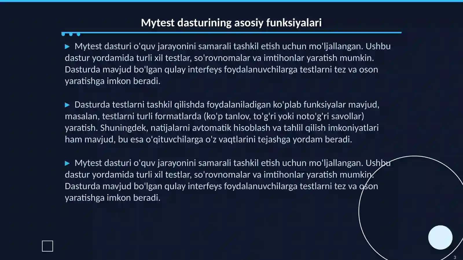 Mytest dasturi yordamida test yaratish va uni sozlash; test jarayonini o'tqazish, tarmoqda sozlash, natijalarni olish va taxrirlash 3