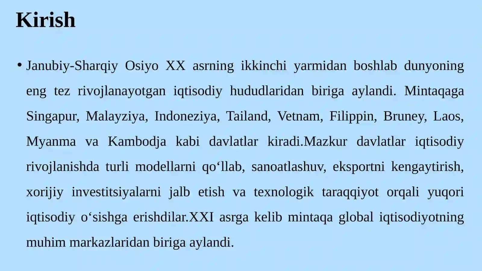 Janubiy-Sharqiy Osiyo Mamlakatlarining XX–XXI asrlardagi iqtisodiy rivojlanish modeli 3