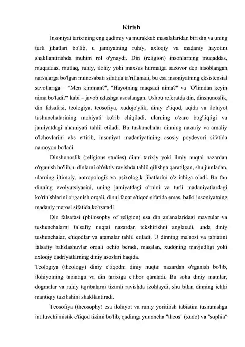 Din, dinshunoslik, din falsafasi, teologiya, teosofiya, xudojo'ylik, diniy e'tiqod, aqida ilohiyot tushunchalarining mohiyati REFERAT 3